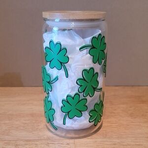 Festive Green Shamrock Glass Jar with Bamboo Lid And Straw 16oz